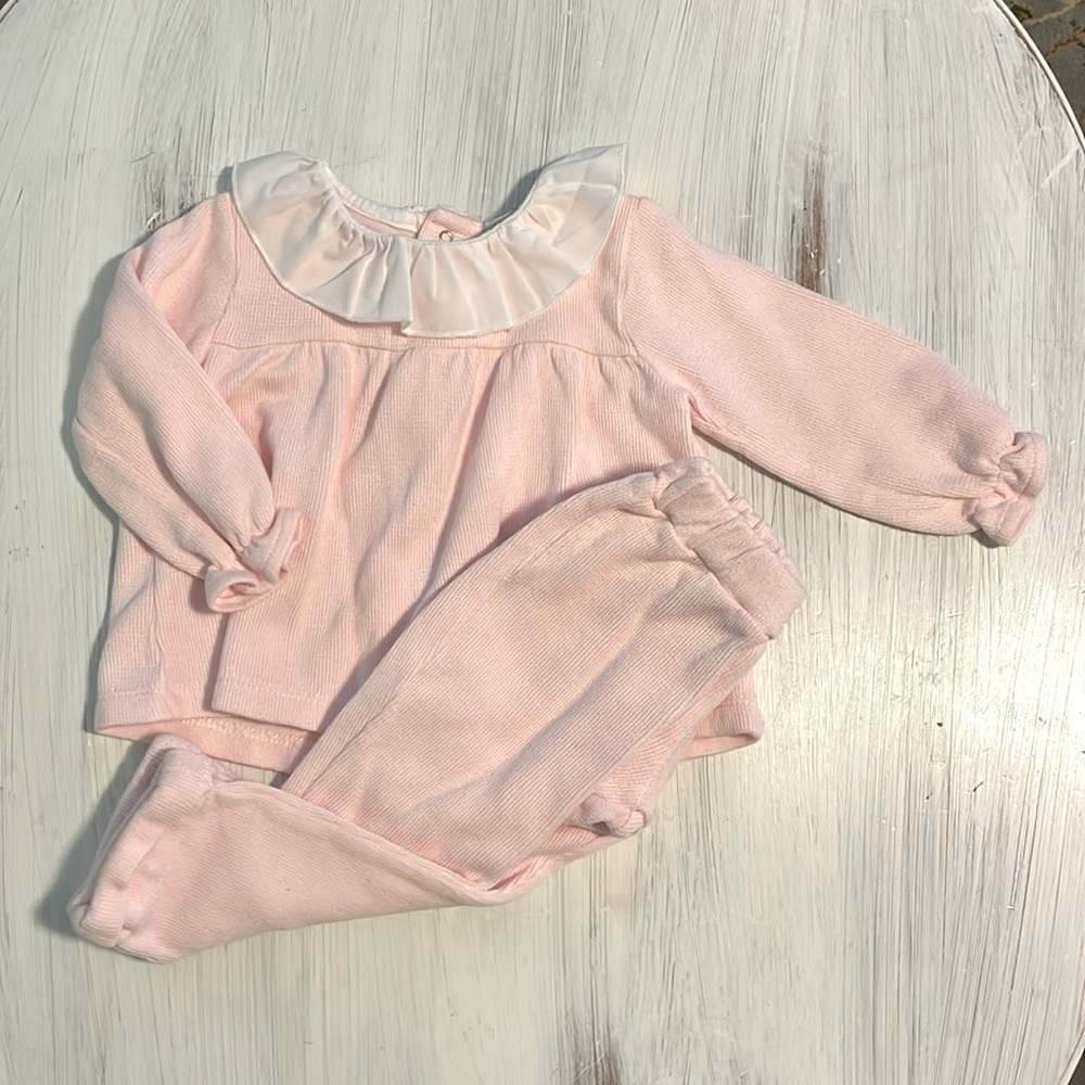 Light Pink Pant Set with White Ruffle Collar and Cuffed Pant Legs